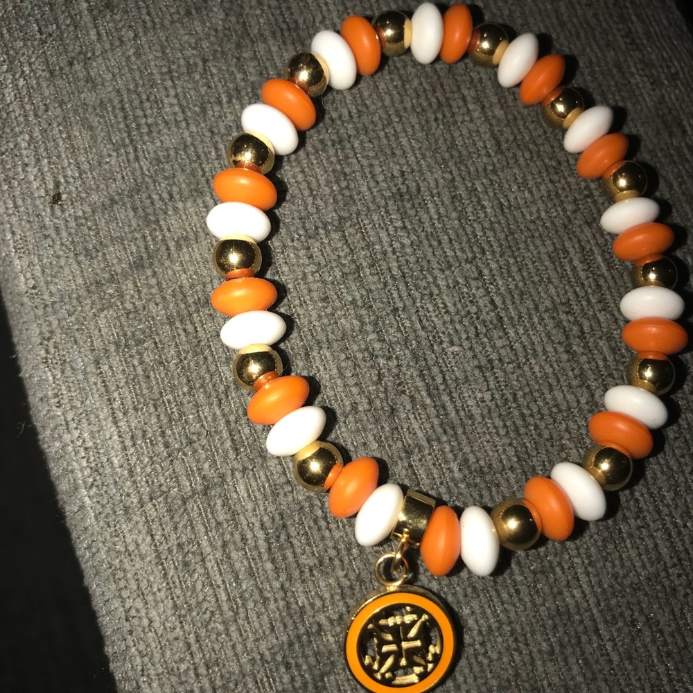 rustic cuff orange white and gold beaded bracelet